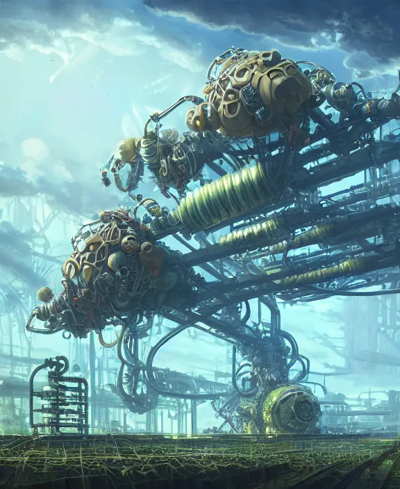 Image similar to a giant solid industrial plant made out of isopod wasp octopus, in the style of a strange exotic spaceship, overgrown with disturbing orchids, godbeams, partly cloudy, somber, dramatic lighting, by dan mumford, yusuke murata, makoto shinkai, ross tran, cinematic, unreal engine, cel shaded, featured on artstation, pixiv