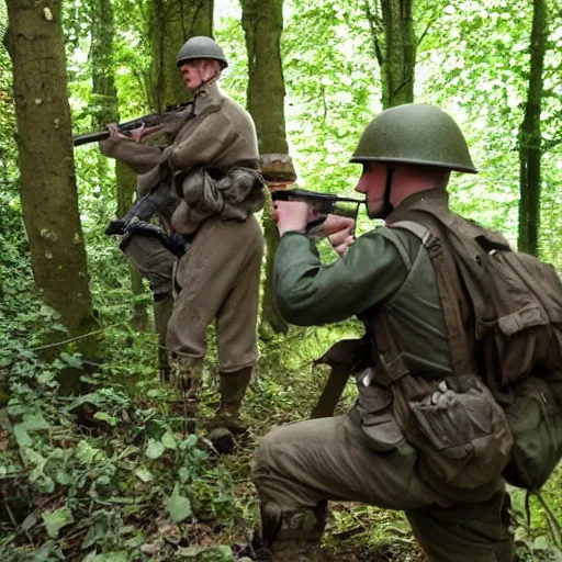 Image similar to ww 2 battlefield encounter in the woods between 2 american soldiers and a german soldier