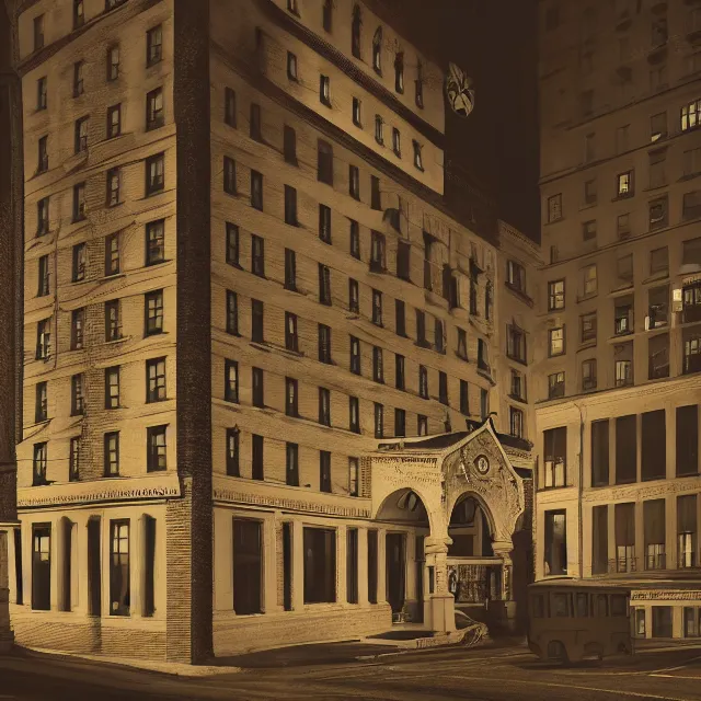 Prompt: painting of a 1 9 2 0 s gothic style hotel in downtown boston, overlooking a dark street, architectural, atmospheric lighting, brooding, painted, intricate, ultra detailed, well composed, best on artstation, cgsociety, epic, stunning, gorgeous, intricate detail, much wow, masterpiece, cinematic aesthetic octane render, 8 k hd resolution,