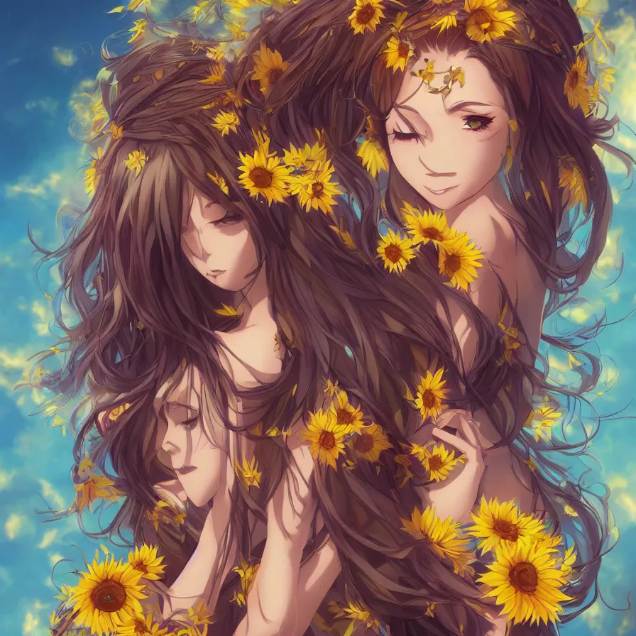 Prompt: The sunflower queen-goddess as an anime character digital illustration portrait design by Ross Tran, artgerm detailed, soft lighting