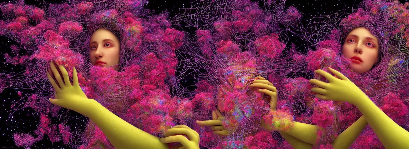 Prompt: hyper detailed 3d render like a Oil painting - Aurora (playful goddess) seen Eating of the Strangling network of kawaii yellowcake aerochrome and milky Fruit and Her delicate Hands hold of gossamer polyp blossoms bring iridescent fungal flowers whose spores black out the foolish stars by Jacek Yerka, Mariusz Lewandowski, Houdini algorithmic generative render, Abstract brush strokes, Masterpiece, Edward Hopper and James Gilleard, Zdzislaw Beksinski, Mark Ryden, Wolfgang Lettl, hints of Yayoi Kasuma, octane render, 8k