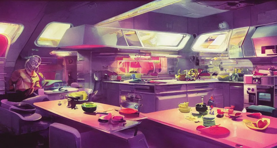 Prompt: IKEA catalogue photo of a kitchen on a spaceship, by Paul Lehr