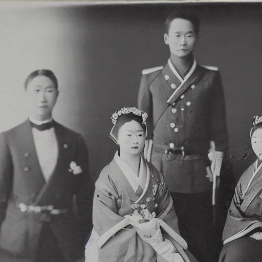 Prompt: A close up shot, colored black and white Russian and Japanese mix historical fantasy a photograph meal portrait taken at the empress and emperor's royal wedding breakfast, photographic portrait, warm lighting, 1907 photo from the official wedding photographer for the royal wedding. n- 6