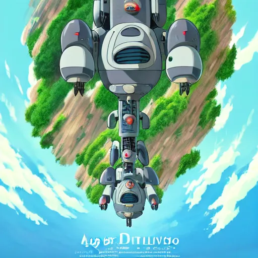 Prompt: a beautiful movie still in the style of Studio Ghibli anime showing a 3/4 aerial view of a team of adorable humanoid tank mechs with tank treads. Studio Ghibli, aerial photography, wide angle lens, trending on artstation, trending on behance