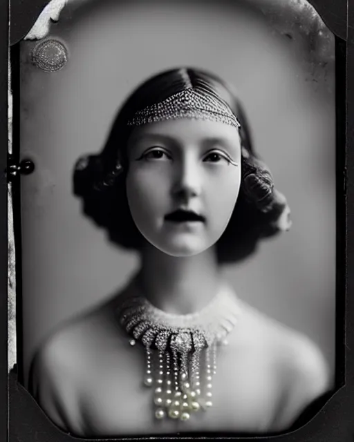 Prompt: [ [ [ [ tintype ] ] ] ] black and white dreamy young beautiful veiled female artificial intelligence, realistic pearl ornament in the face, long hair are intricate with highly detailed realistic pearls, cinematic, rim light, bokeh, photo - realistic, elegant, high detail, 8 k, masterpiece, photo taken in 1 9 3 0