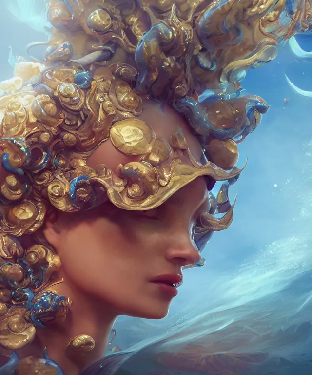 Prompt: close up portrait of a gilded conch shell princess, moon backlight, hyperrealistic detailed concept art, sea spray, volumetric lighting, waves, by anton fadeev, hans zatzka, peter mohrbacher, 8 k 3 d octane render