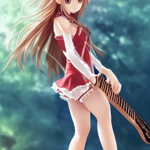 Image similar to a very beautiful young yuuki asuna playing guitar, full body, long wavy blond hair, sky blue eyes, full round face,, bikini, miniskirt, front view, mid - shot, highly detailed, cinematic wallpaper by stanley artgerm lau