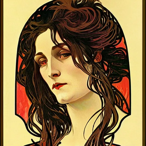 Prompt: detailed face portrait of a witch with fire rising out of her hair by Alphonse Mucha, , Art Nouveau, Neo-Gothic, rich deep moody colors