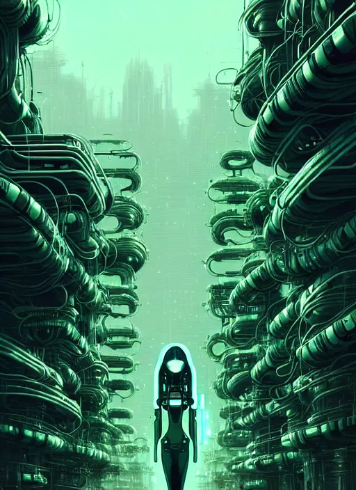 Image similar to highly detailed portrait of a biopunk long curly white hair tribal lady, stray wiring by atey ghailan, james gilleard, by joe fenton, by greg rutkowski, by greg tocchini, by kaethe butcher, 4 k resolution, gradient green, black and white color scheme!!! ( ( irradiated robotic dystopian city background ) )