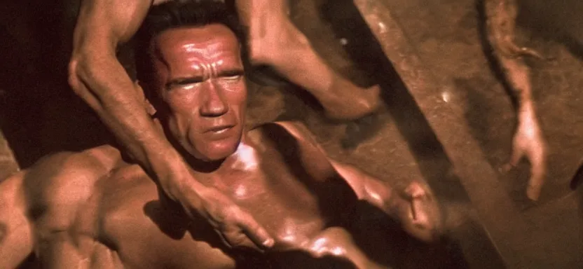 Prompt: film still of arnold schwarzenegger in the pit and the pendulum ( 1 9 6 1 ) in the style of cronenberg, pathecolor, 4 0 mm panavision wide - angle lens