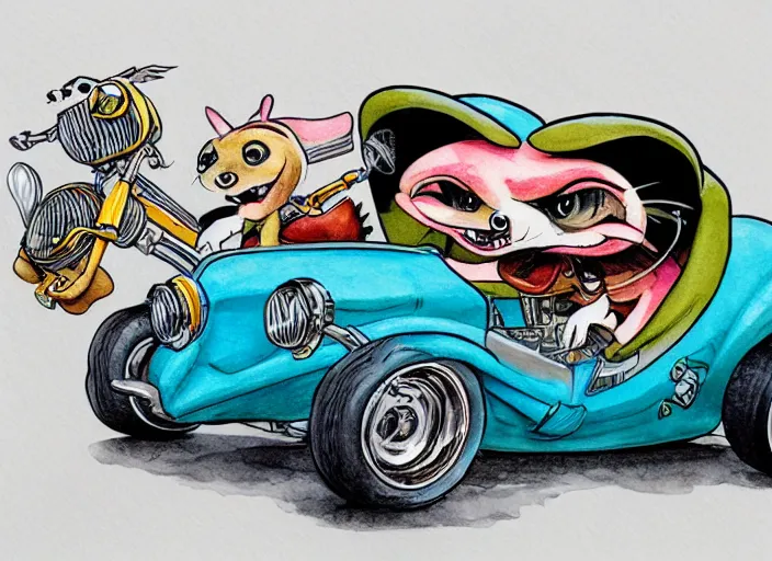 Prompt: funny, racoon riding in a tiny hot rod coupe with oversized engine, ratfink style by ed roth, centered award winning watercolor pen illustration, by chihiro iwasaki, edited by range murata