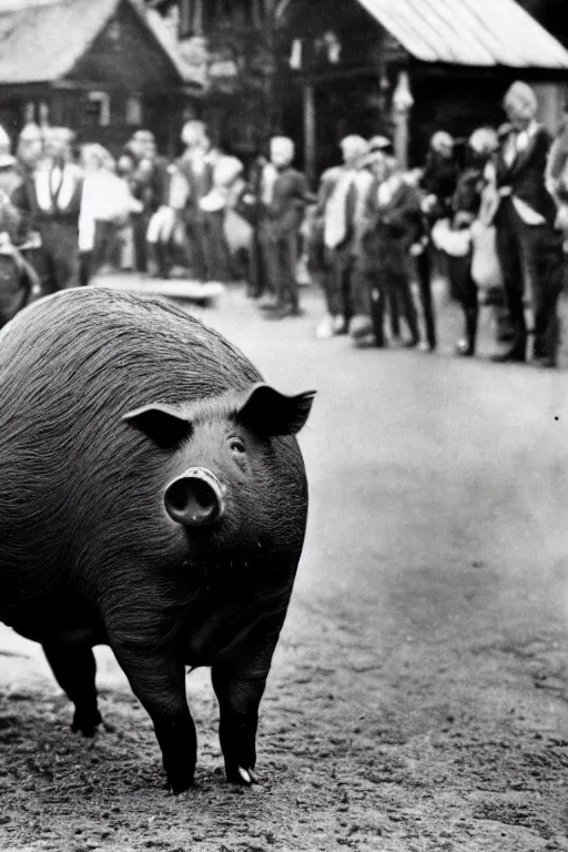 Prompt: a wet plate photo of huge dark pig in a parade