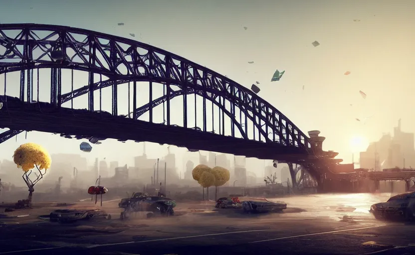 Prompt: explosions in the form of realistic cotton plants cover big harbour bridge, smooth, sharp focus, highly detailed, 3 d octane render, epic lighting, dark atmosphere, post apocalyptic, 8 k, by goro fujita