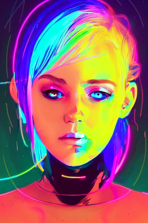 Image similar to a award winning portrait of a beautiful woman with stunning eyes in a one off shoulder croptop and cargo pants with rainbow colored hair, outlined by whirling illuminated neon lines and fine lines swirling in circles by ilya kuvshinov, digital art, trending on artstation