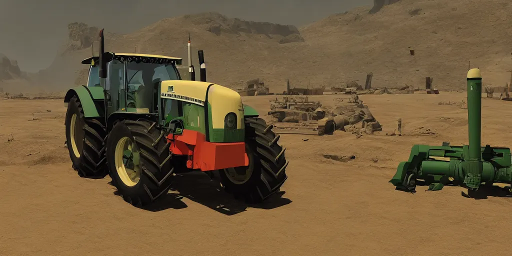 Image similar to a tractor with ballistic missiles, unreal engine, realistic, intricate, highly detailed, masterpiece