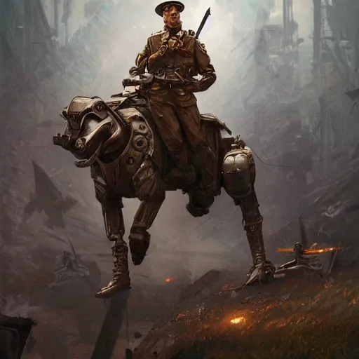 Image similar to world war one era mech, vladimir putin, intricate, highly detailed, digital painting, artstation, concept art, smooth, sharp focus, illustration, unreal engine 5, 8 k, art by artgerm and greg rutkowski and alphonse mucha