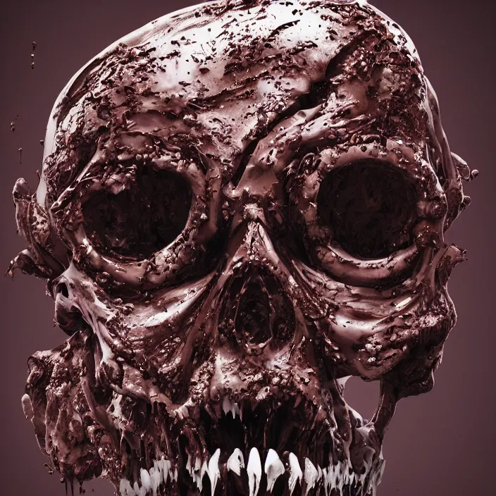 Image similar to portrait of a melting chocolate skull. razor sharp teeth. infected with zombie fungus. intricate abstract. intricate artwork. nightmare fuel. by Tooth Wu, wlop, beeple, dan mumford. octane render, trending on artstation, greg rutkowski very coherent symmetrical artwork. cinematic, hyper realism, high detail, octane render, 8k, iridescent accents