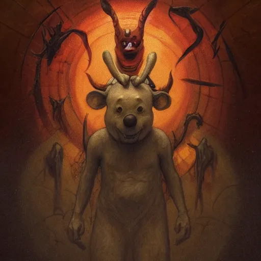 Image similar to A Satanic Evil Winnie The Pooh, psychedelic art, demonic, fullbody, artstation, dark fantasy, concept art, horror, evil, smooth, sharp focus, illustration, art by greg rutkowski and orientalism and bouguereau and Zdzislaw Beksinski, good clear quality, lighting, biology, symmetrical artwork, perfect face, 135 mm, cinematic, hyper realism, high detail, octane render, 8k, chrome accents