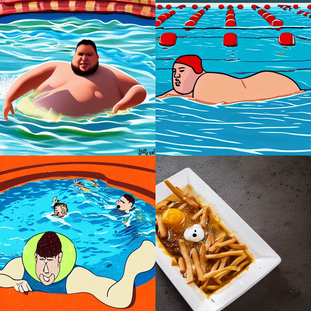 Prompt: high quality digital art of an overweight man swimming in a pool of poutine