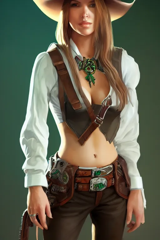 Image similar to full body, female cowgirl, perfect face, white blouse, holster, 8 k, magic the gathering, desert, d & d, artstation, high detail, smooth, sweaty, emerald herald