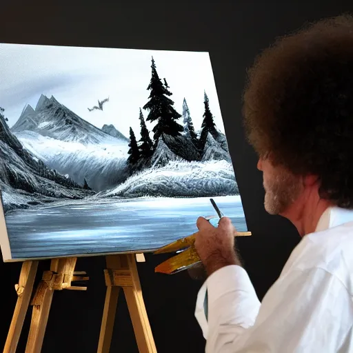 Image similar to a closeup photorealistic photograph of bob ross working on a canvas painting of batman. film still. brightly lit scene. mountains and trees. this 4 k hd image is trending on artstation, featured on behance, well - rendered, extra crisp, features intricate detail, epic composition and the style of unreal engine.