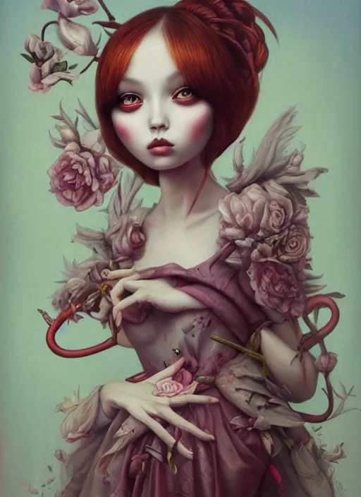 Image similar to pop surrealism, lowbrow art, realistic cute alice girl painting, japanese street fashion, hyper realism, muted colours, rococo, tom bagshaw, mark ryden, trevor brown style