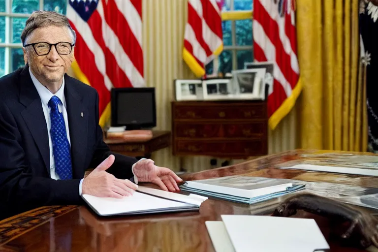 Prompt: president bill gates gives an emergency oval office address, sitting at the resolute desk, circa 2 0 2 2, professional photo, dslr, bokeh