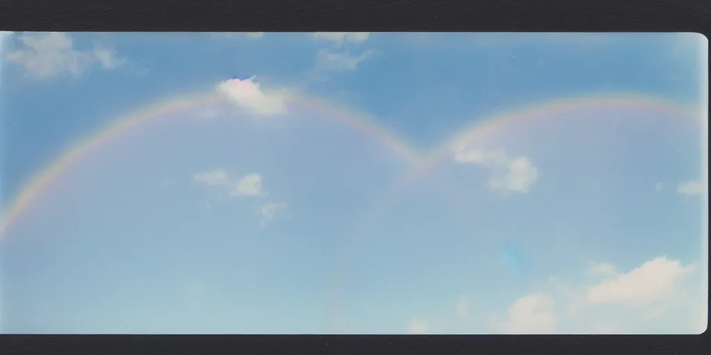 Image similar to polaroid photo of a single rainbow in the sky, clouds in the background, light blue sky, slight color bleed from the rainbow