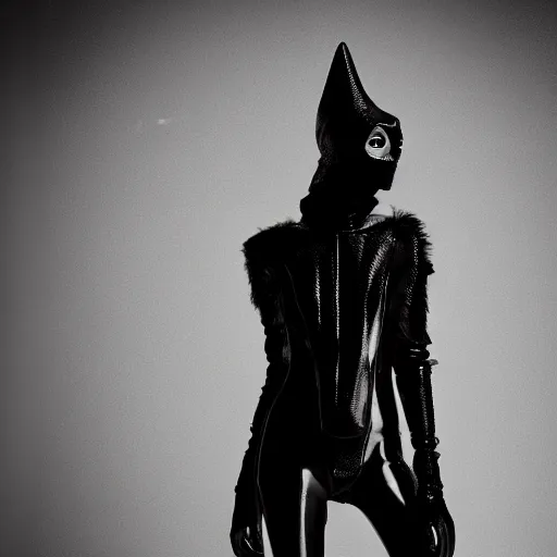 Image similar to fashion photography of an extraterrestrial model, wearing a black mask, wearing demobaza fashion, inside berghain, berlin fashion, harness, futuristic fashion, dark minimal outfit, photo 3 5 mm leica, hyperdetail, berghain, 8 k, very detailed, photo by nick knight