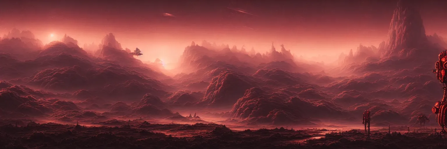 Image similar to ultra realist intricate detailed landscape painting of an alien world, red sky with mech buildings and cyborg tech, symmetry accurate features, very intricate details, bokeh focus, 8k render, artstyle Hiraku Tanaka and Tom Bagshaw, award winning