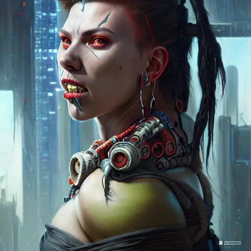 Image similar to portrait painting of a cyberpunk orc shaman extremely muscular ugly scarlett johansson with misshapen teeth, ultra realistic, concept art, intricate details, eerie, highly detailed, photorealistic, octane render, 8 k, unreal engine. art by artgerm and greg rutkowski and charlie bowater and magali villeneuve and alphonse mucha