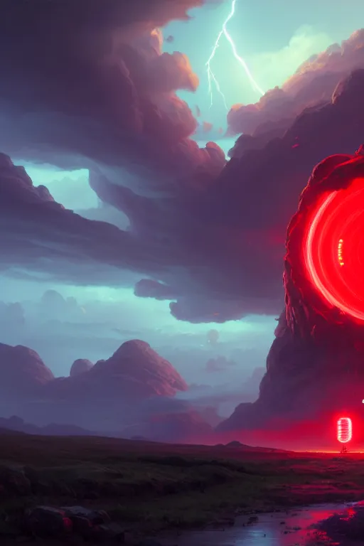 Prompt: epic landscape artwork of giant red power button, lightning, rendered in unreal engine 5, by wlop, greg rutkowski, and peter mohrbacher, octane render, ultra high detail, 3 d, extremely detailed shading, concept art, trending on artstation, atmosphere, glow, cinematic lighting, vibrant colors