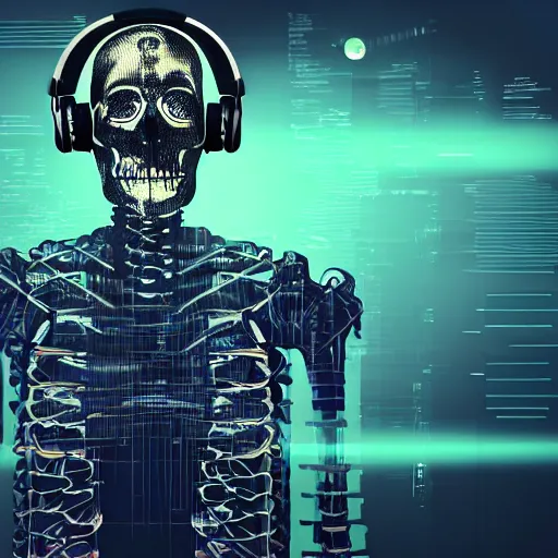 Image similar to cyberpunk skeleton with headphones playing synthesizer, smoke, lights, lasers, highly detailed, realistic,