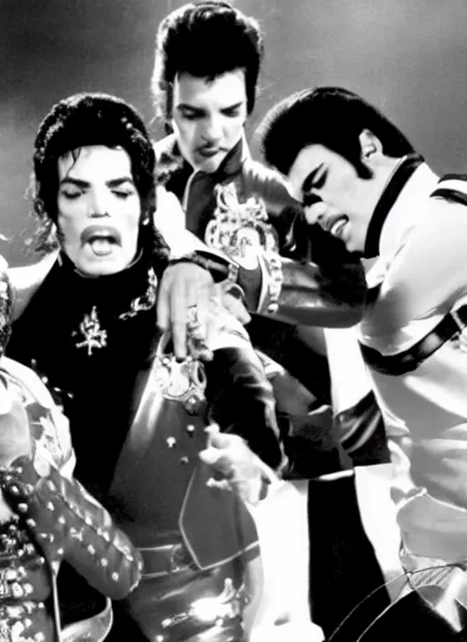 Image similar to Michael Jackson, Elvis Presley and Freddie Mercury have a battle, HD footage, Full shot