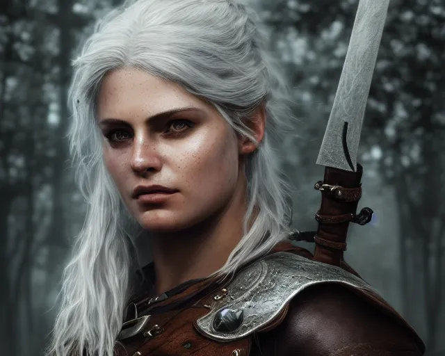 Image similar to 5 5 mm portrait photo of a real life tough looking freya allen as ciri in brown leather armor with silver hair and a large scar along her left cheek, in a magical forest. dark atmosphere. art by greg rutkowski. highly detailed 8 k. intricate. lifelike. soft light. nikon d 8 5 0.