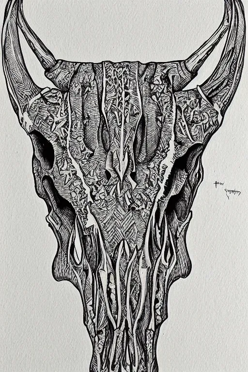 Image similar to Longhorn Skull, skull bone carved with patterns, wild wild west, tritone, mixed media, fine linework, pen and ink, symmetry