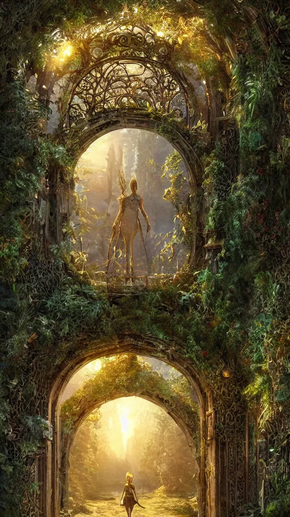 Prompt: overgrown ruined metal archway into a magical elven city, beautiful, intricate, detailed, golden light, 3 d animated movie frame, 8 k