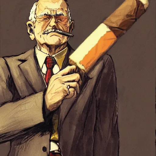 Prompt: old man and his cigar , Artwork by Akihiko Yoshida