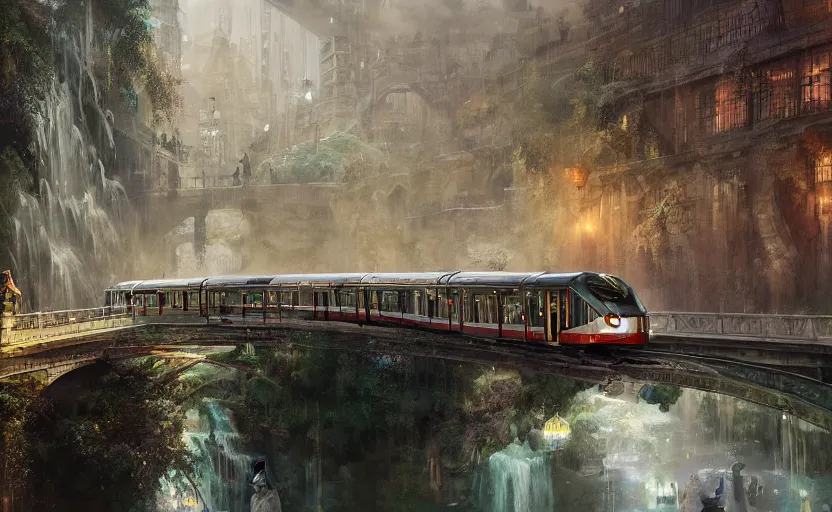 Image similar to An urban train rides inside of a waterway on a fantasy city, next to a fountain and a mystical palace, waterfall, intricate, elegant, volumetric lighting, digital painting, highly detailed, artstation, sharp focus, illustration, concept art, ruan jia, steve mccurry