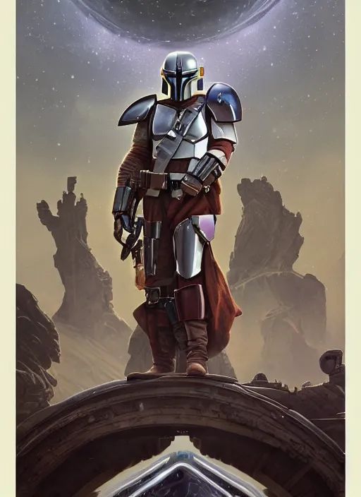 Image similar to the mandalorian surrounded by starlight, moon behind him, fantasy, intricate, elegant, hyper detailed, ultra definition, photoreal, artstation, unreal engine rendered, concept art, smooth, sharp focus, illustration, art by artgerm and greg rutkowski and alphonse mucha and garis edelweiss