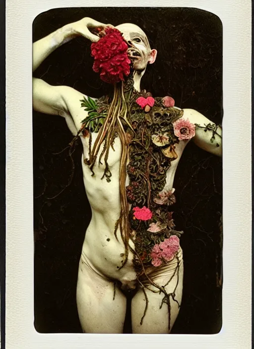 Prompt: beautiful and detailed rotten woman made of plants and many different types of flowers, muscles, intricate, organs, ornate, miguel angel, gustave courbet, caravaggio, romero ressendi 1 9 1 0 polaroid photo