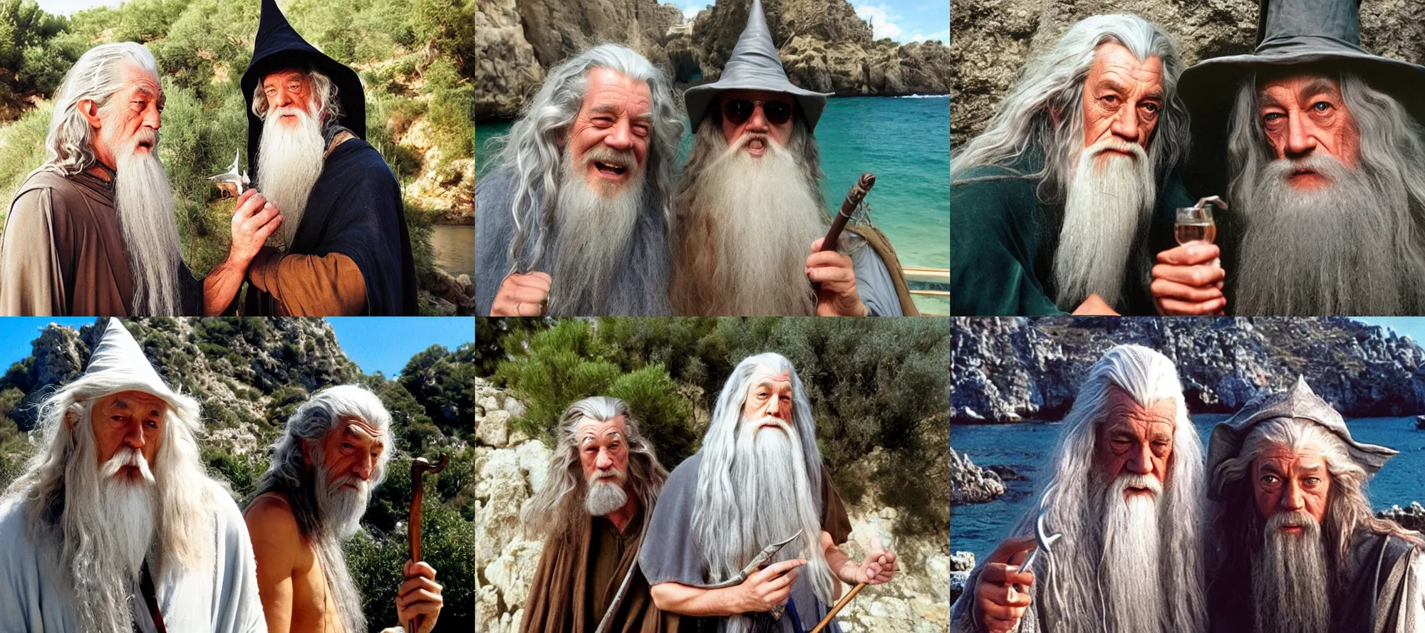 Prompt: gandalf on a romantic holiday with bilbo baggins in ibiza