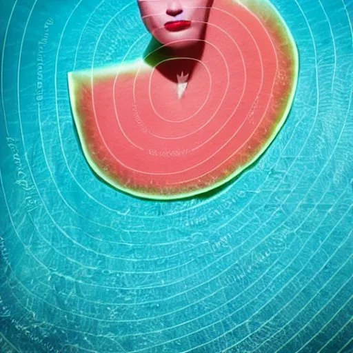 Prompt: cinematic photo of a beautiful albino watermelon woman lit with saturated split colour blue and dusty pink lighting sunbathing by the pool