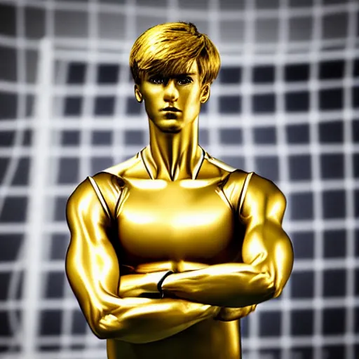 Image similar to a realistic detailed photo of a guy who is an attractive humanoid who is half robot and half humanoid, who is a male android, soccer players martin ødegaard, shiny skin, posing like a statue, blank stare, in a factory, on display, showing off his muscles, gold soccer shorts, back view