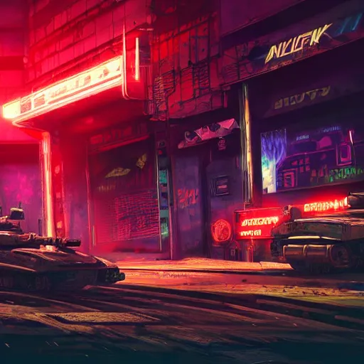 Image similar to high quality photo of a tank in a cyberpunk cyberpunk cyberpunk city, neon lights, realism, 8k, award winning photo, no water