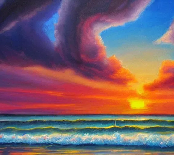 Image similar to a beautiful painting of a beach sunset with raging waves