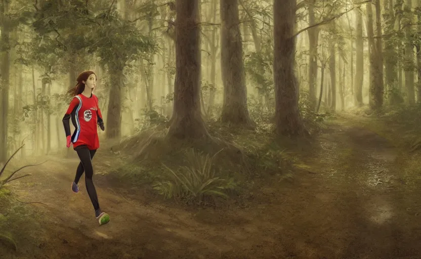 Image similar to a girl is running, red sport clothing, marathon in forest, anime style, brown short hair, hair down, symmetrical facial features, from arknights, hyper realistic, rule of thirds, extreme detail, detailed 4 k drawing, safebooru, realistic lighting, by alphonse mucha, greg rutkowski, backlit