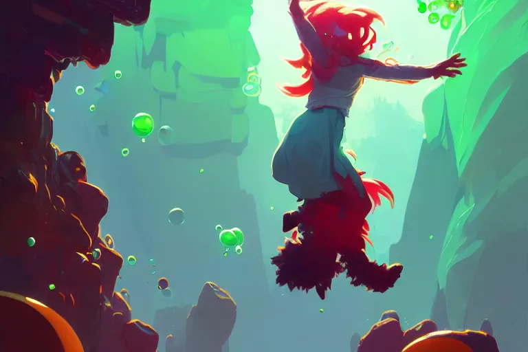 Image similar to madeline from celeste jumping to a green jelly bubble, blue bubble jacket red long hair, highly detailed, digital painting, artstation, concept art, sharp focus, illustration, art by greg rutkowski and alphonse mucha