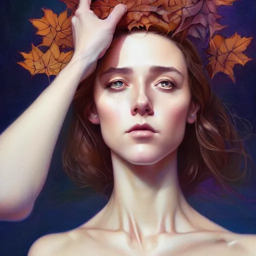 Image similar to in the style of joshua middleton, artgerm, tom bagshaw, gorgeous stella maeve magician, realistic character concept, bird's eye overhead shot, elegant pose, spooky, illustration, symmetrical face and body, volumetric lighting, detailed realistic symmetrical eyes, 8 k, single face, insanely detailed and intricate elegant, autumn leaves