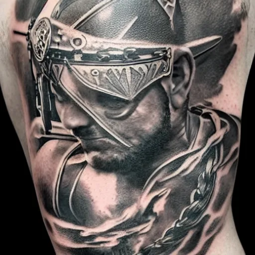 Prompt: medium shot of a gladiator wearing a galea, tattoo, tattoo art, Black and grey tattoo style